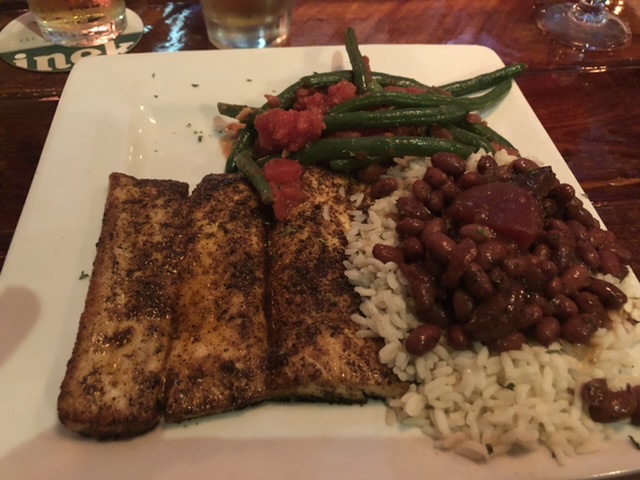 Blacken dolphin with red bean and rice with Cajun green beans