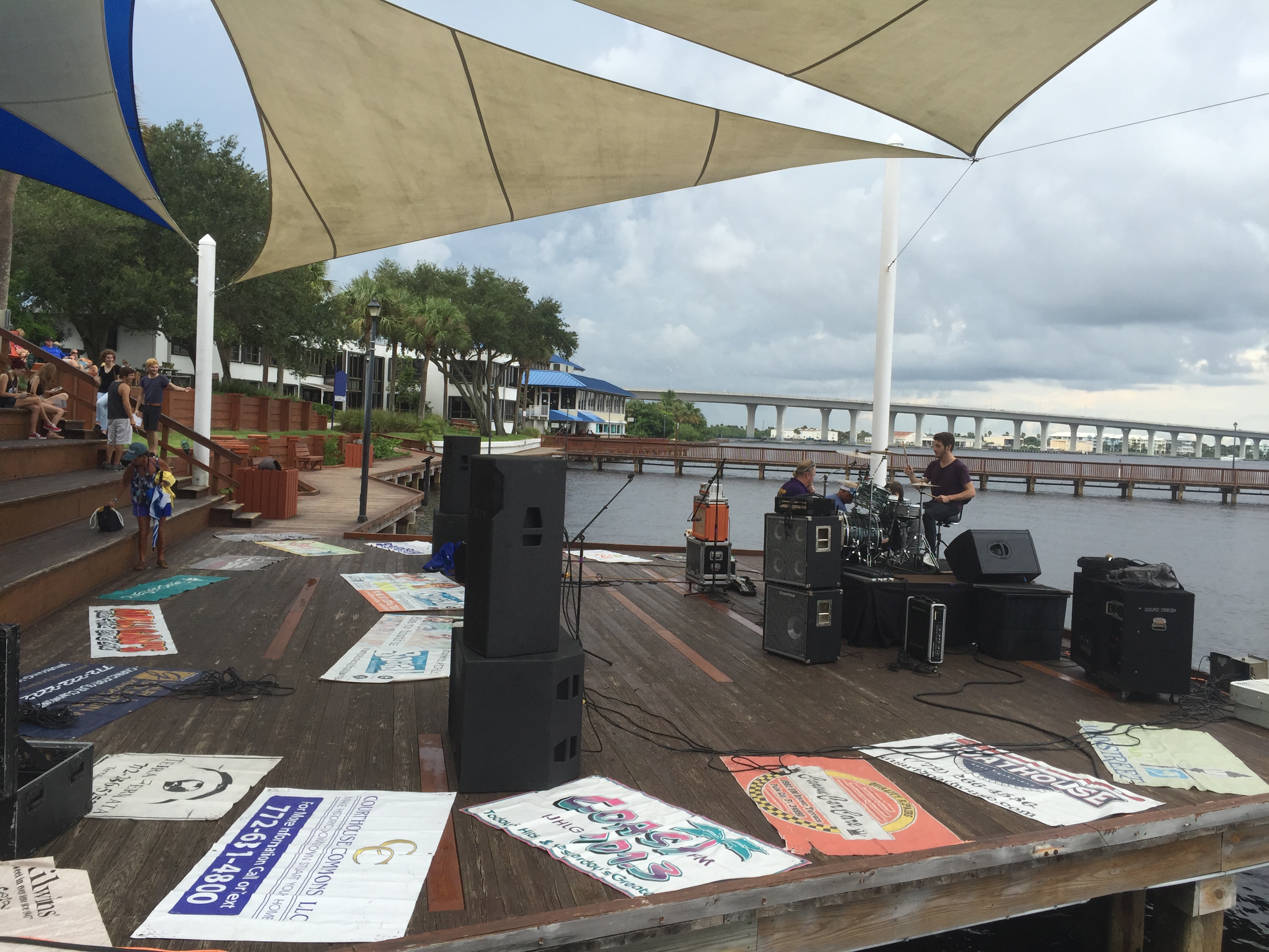 Sitting at the Boathouse Restaurant looking at the open air stage. 