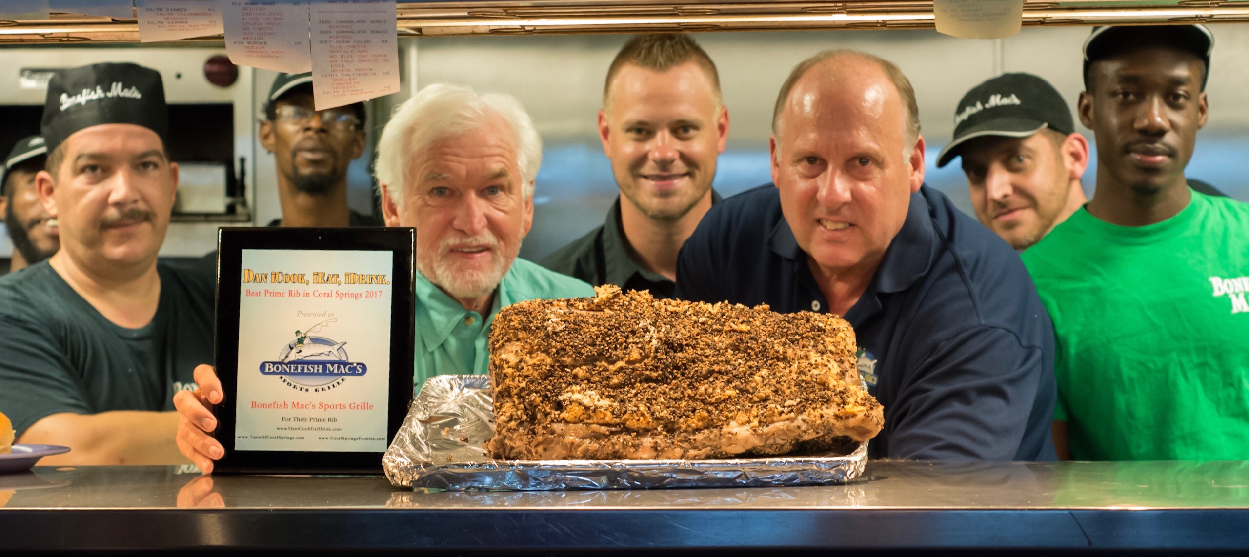 The winning Prime Rib in all its glory! Left to right: Q, Julio, Dawud, owner Chuck, PJ, Bill, James and Carl